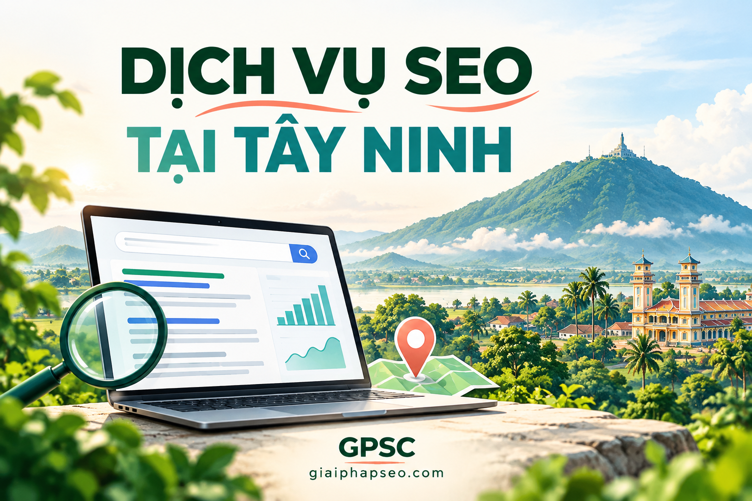 Minh họa dịch vụ SEO tại Tây Ninh của GPSC với máy tính, biểu đồ và núi Bà Đen.